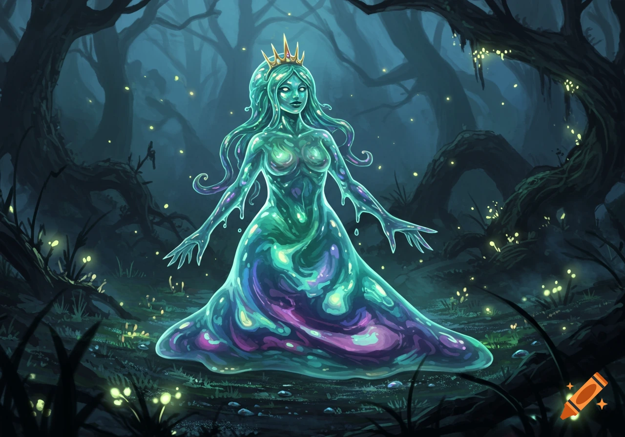 A glowing, translucent slime queen with a gold crown stands in a dark, mystical forest with glowing fungi, fantasy art style.