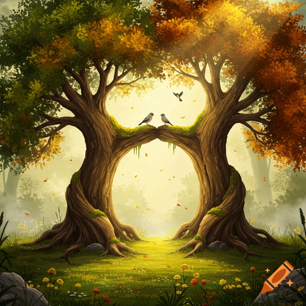 Two intertwined trees with green and autumn leaves form an arch in a vibrant forest clearing, with birds on branches. Illustrated.