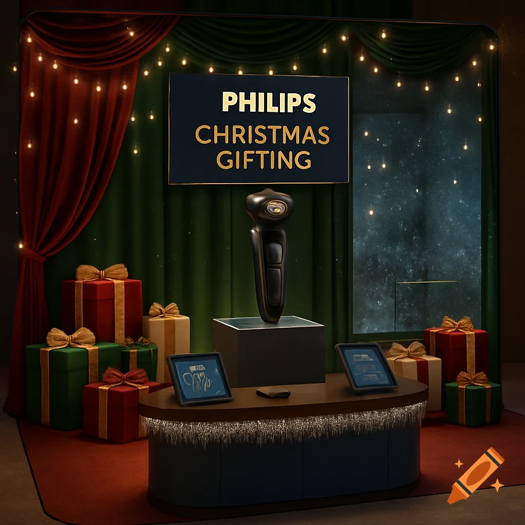 A Philips shaver displayed with red and green Christmas gifts on a stage, a sign above reads 'PHILIPS CHRISTMAS GIFTING'.