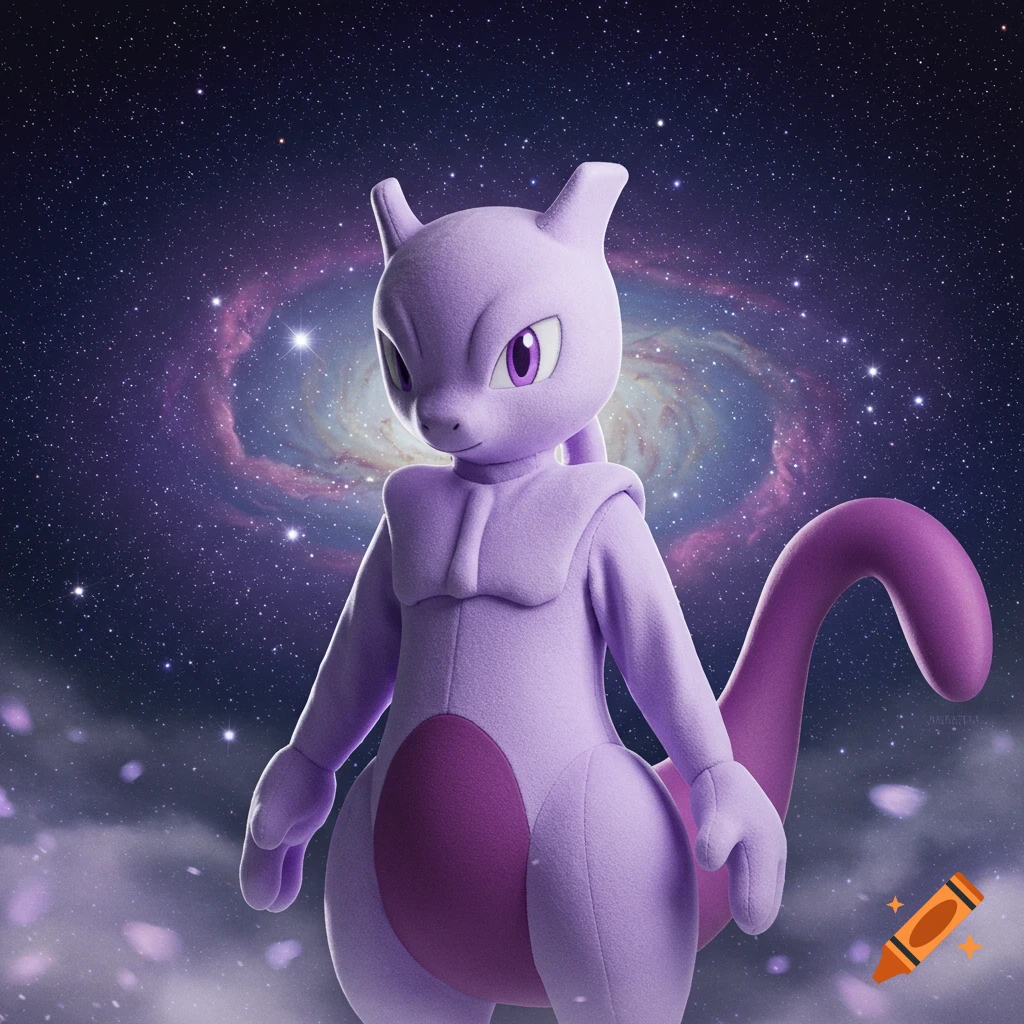 A purple Mewtwo in a plush kigurumi stands against a vibrant galaxy background with sparkling stars.