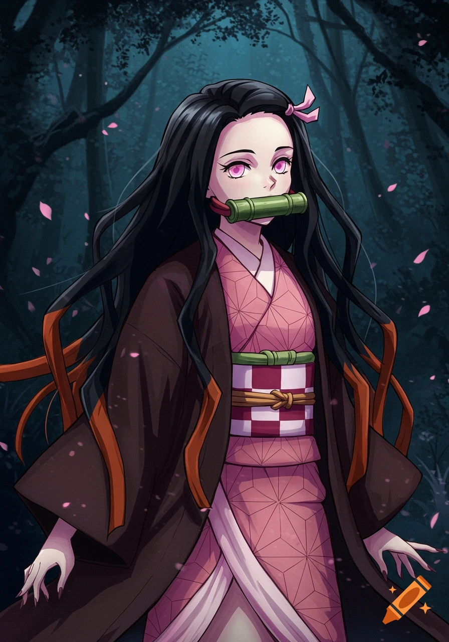 Anime character Nezuko from Demon Slayer with a bamboo muzzle stands in a dark forest with falling pink petals.