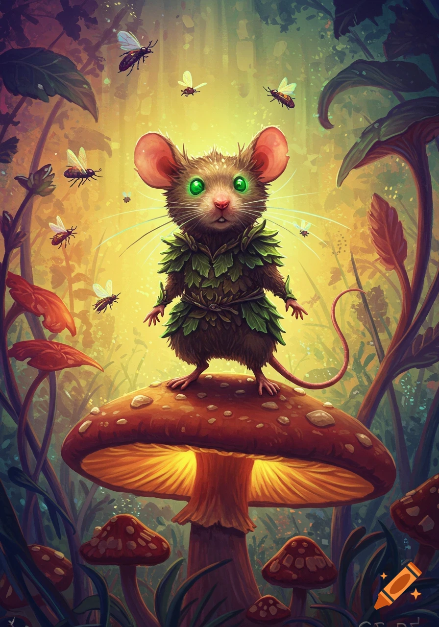 A cute, brown mouse in leaf armor with glowing green eyes stands on a giant mushroom in a magical, vibrant forest with fireflies.
