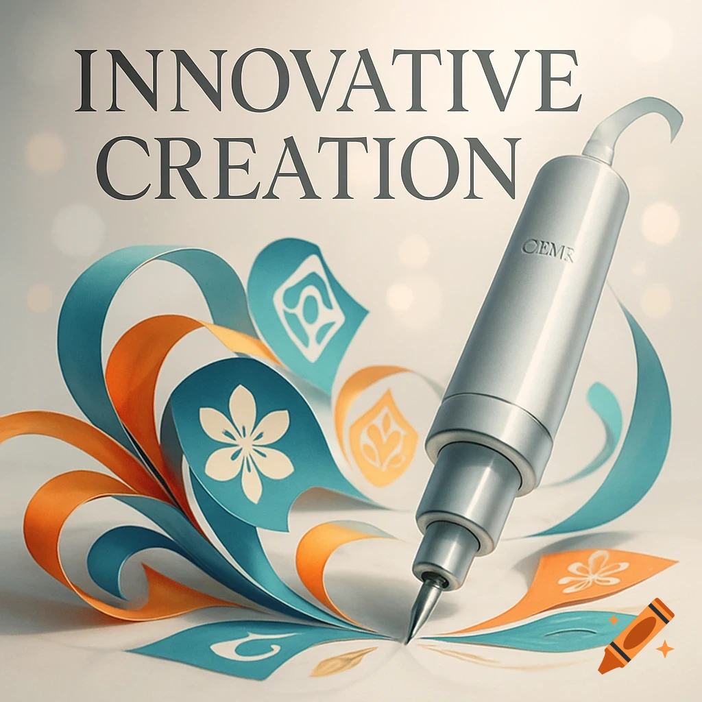 A stylized silver crafting pen drawing intricate blue and orange paper designs, with the text 'INNOVATIVE CREATION' above.