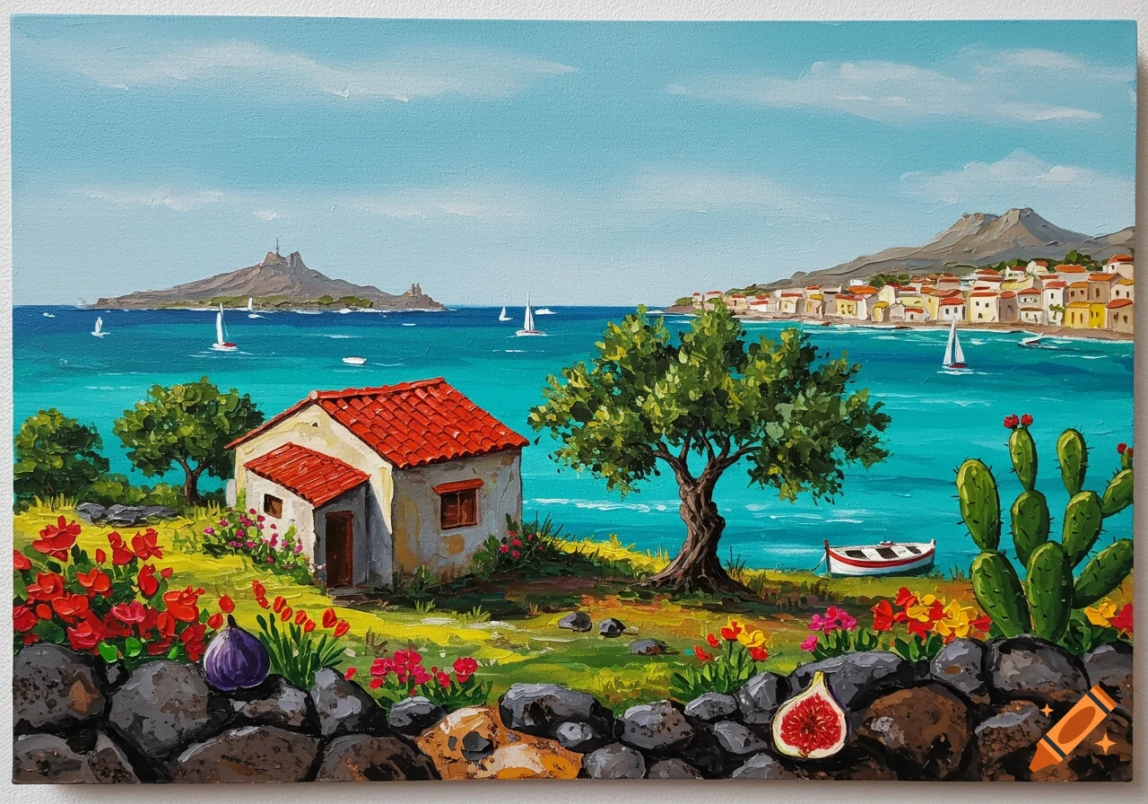 Vibrant palette knife painting of a Mediterranean coastal scene with a white house, olive tree, cacti, colorful flowers, and boats on turquoise sea.