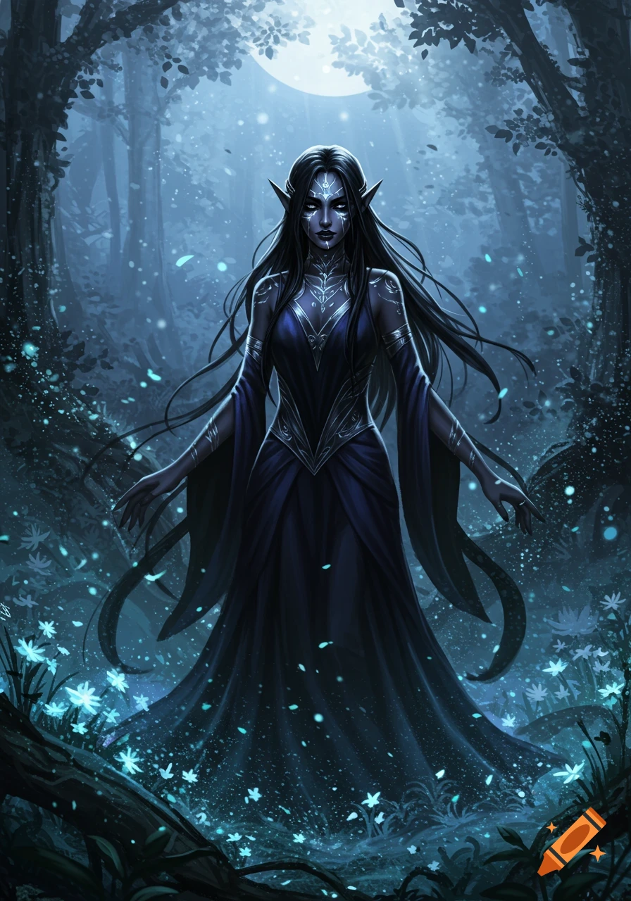 A dark-haired shadow elf woman in a blue gown stands under a full moon in a mystical, glowing blue forest, digital art.
