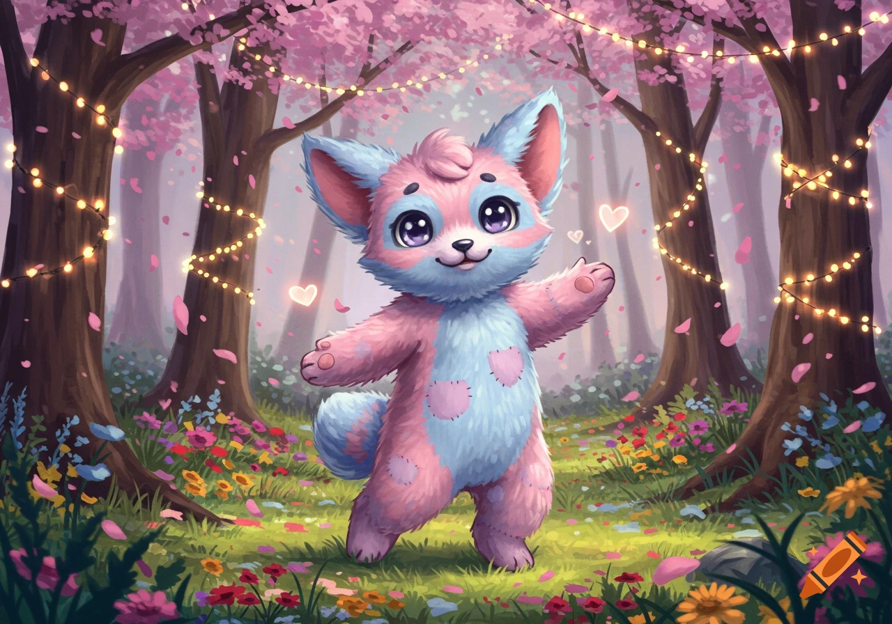 A fluffy pink and blue furry creature waves in a vibrant spring forest with cherry blossoms, string lights, and wildflowers.