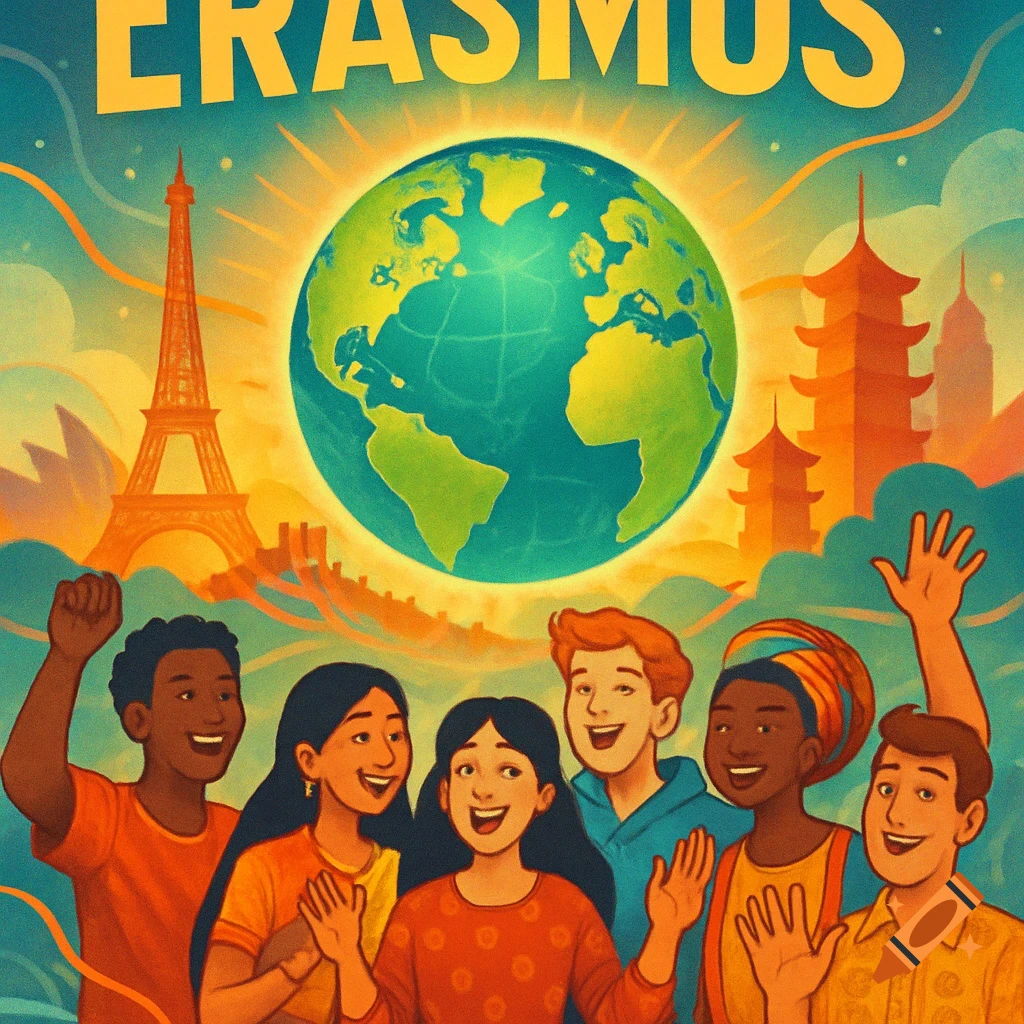 Colorful illustrated poster featuring diverse young people, a globe, and world landmarks, with 'ERASMUS' text.