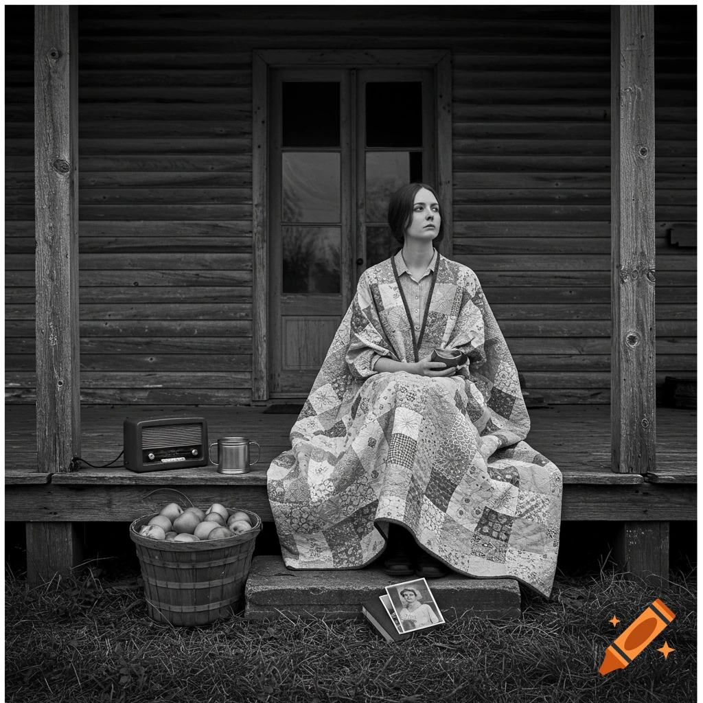 A wistful woman sits on a wooden farmhouse porch, draped in a quilt, with a radio, apples, and books. Black and white photorealistic.