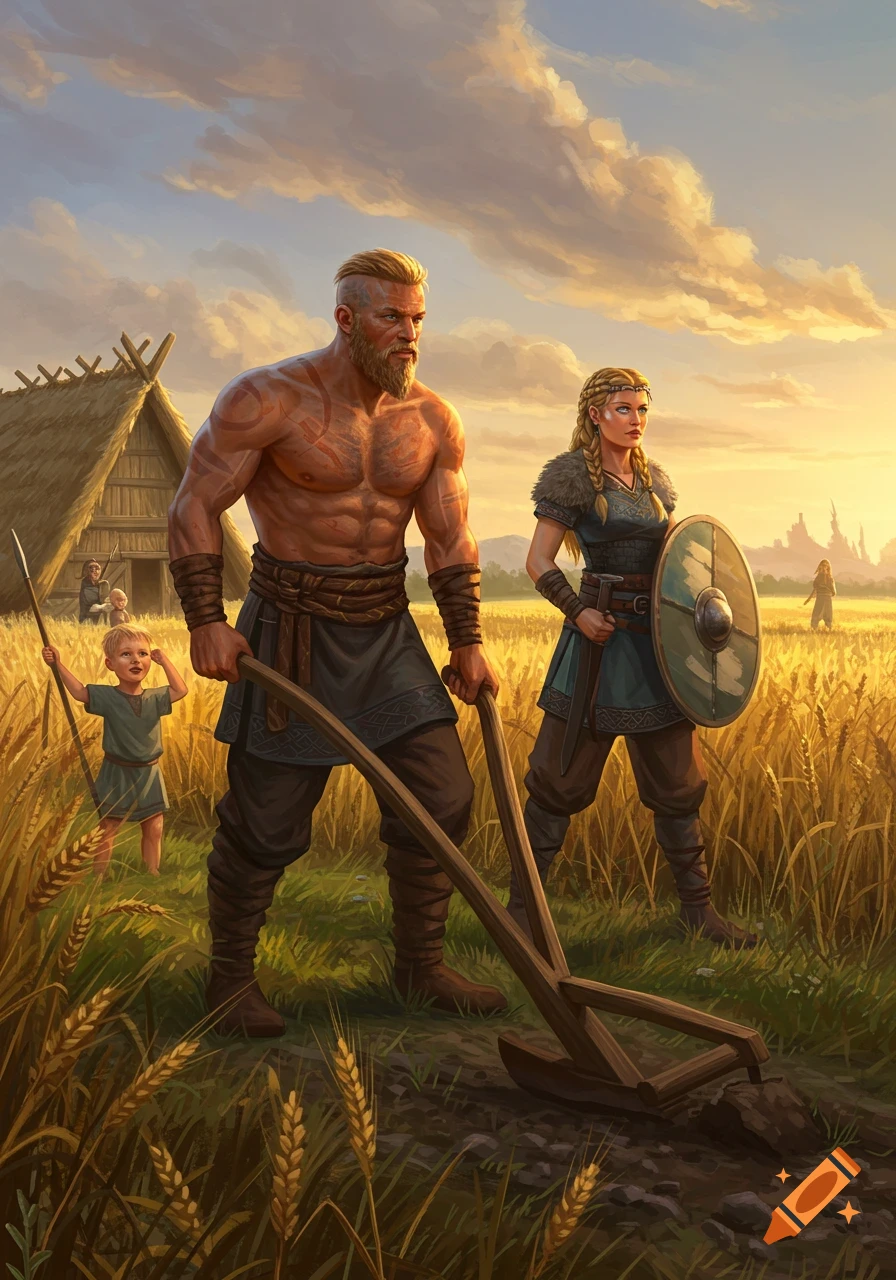 Illustration of a Viking family: a muscular man plowing, a woman with a shield, and a child with a spear in a wheat field at sunset.