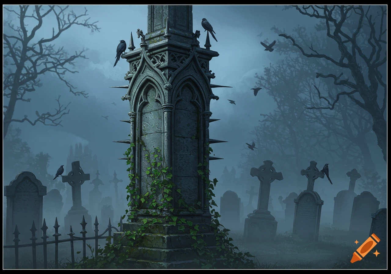 A gothic graveyard with a tall, spiked decorative pillar covered in ivy, surrounded by tombstones and bare trees in a misty atmosphere with crows.