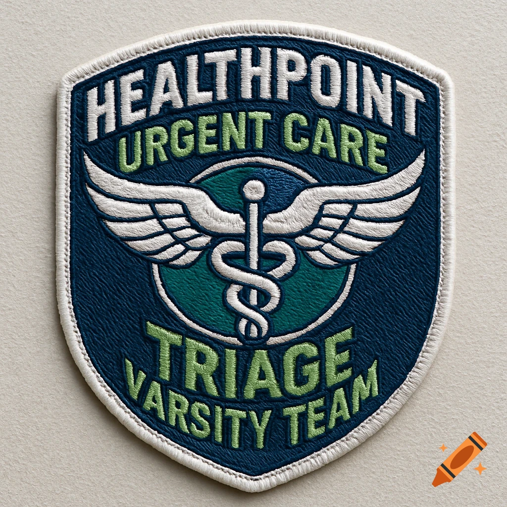 A detailed embroidered patch for 'HEALTHPOINT URGENT CARE TRIAGE VARSITY TEAM' in dark blue, green, and white, featuring a caduceus symbol.