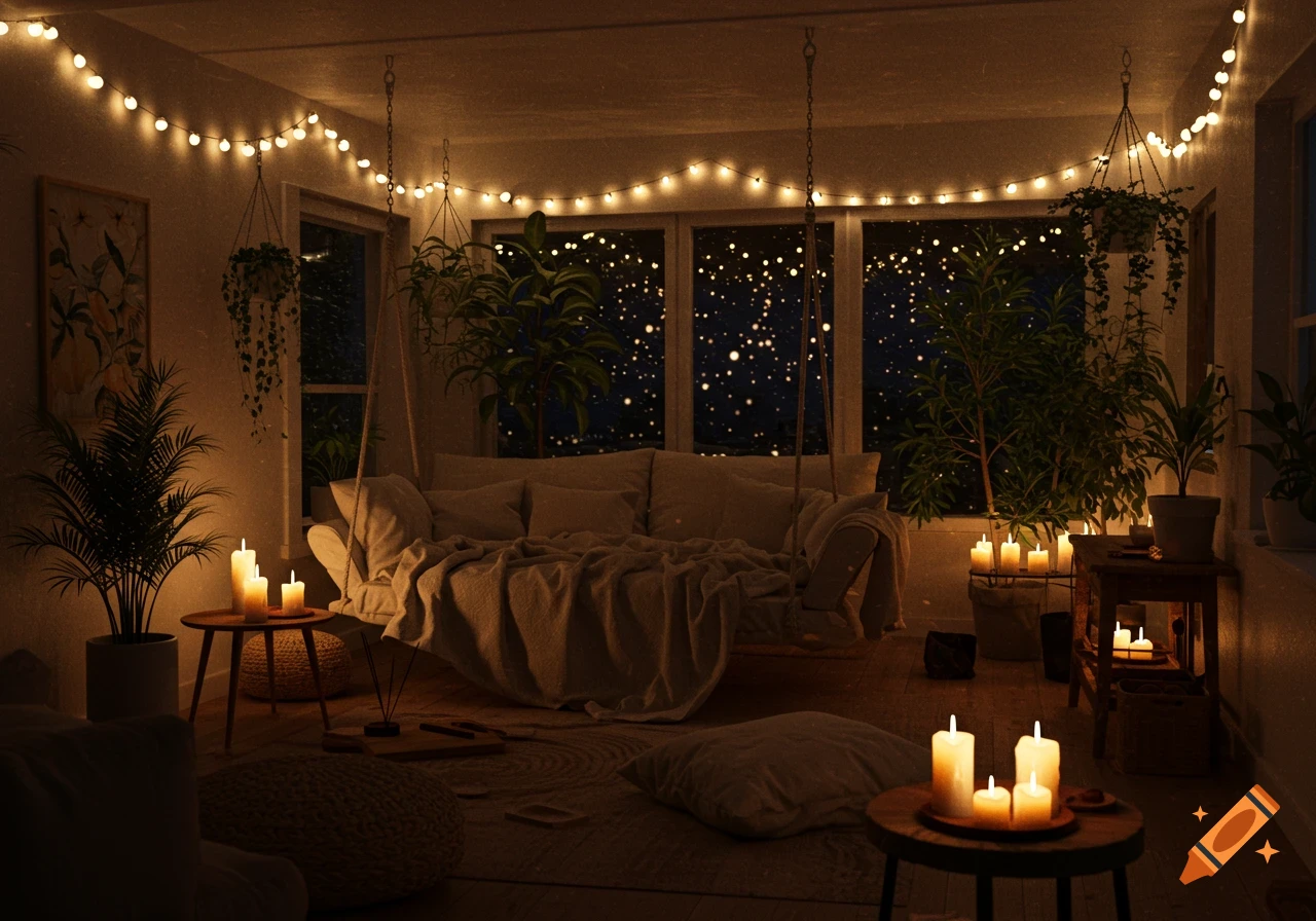 Photorealistic cozy room at night with string lights, glowing candles, many plants, a hanging couch, and a starry sky outside.