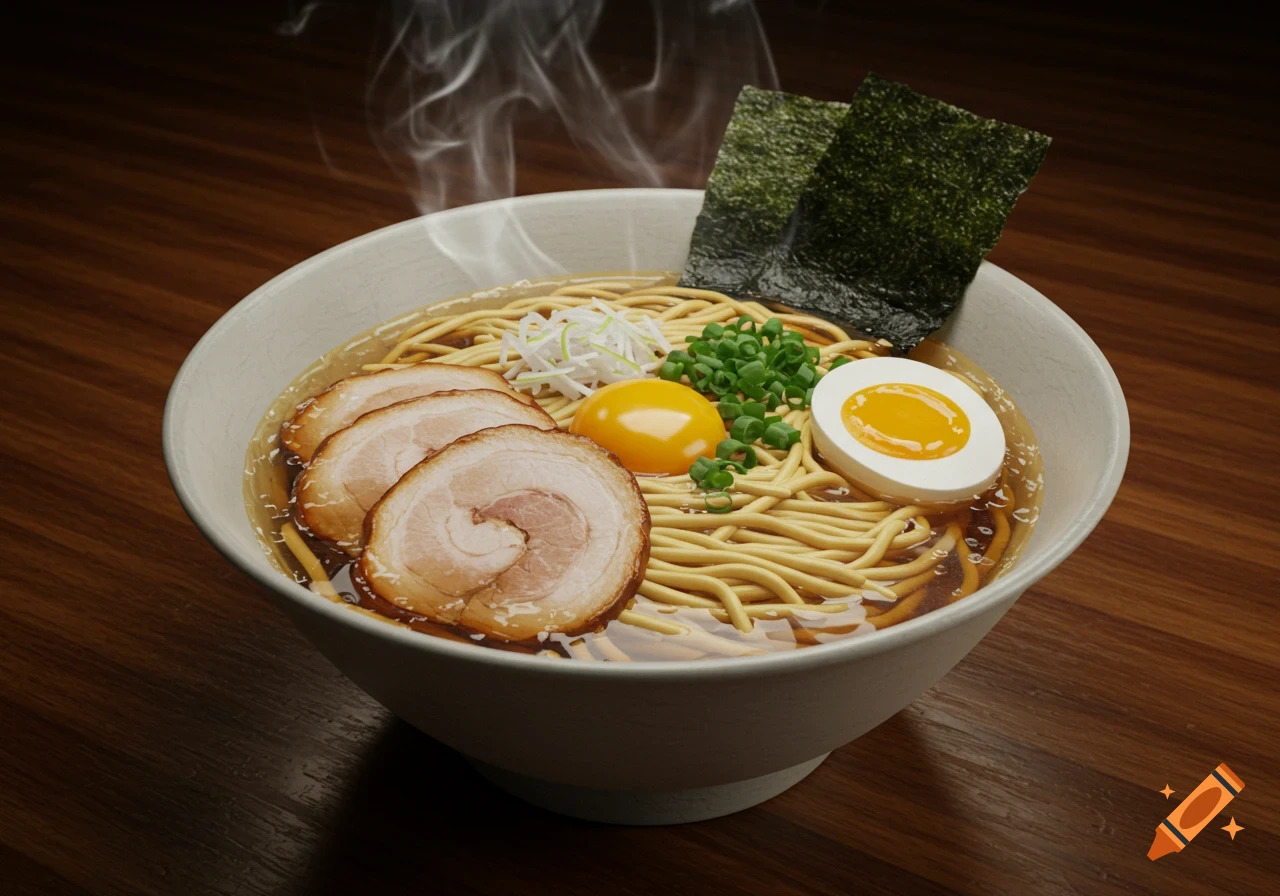 A photorealistic bowl of ramen with chashu pork, egg, green onions, and seaweed on a wooden table, steaming.