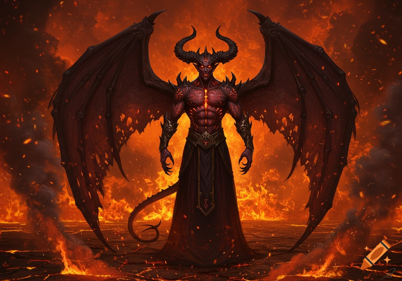 A powerful horned red demon with large wings and a tail, wearing a dark robe, stands in a fiery, smoky hellscape.