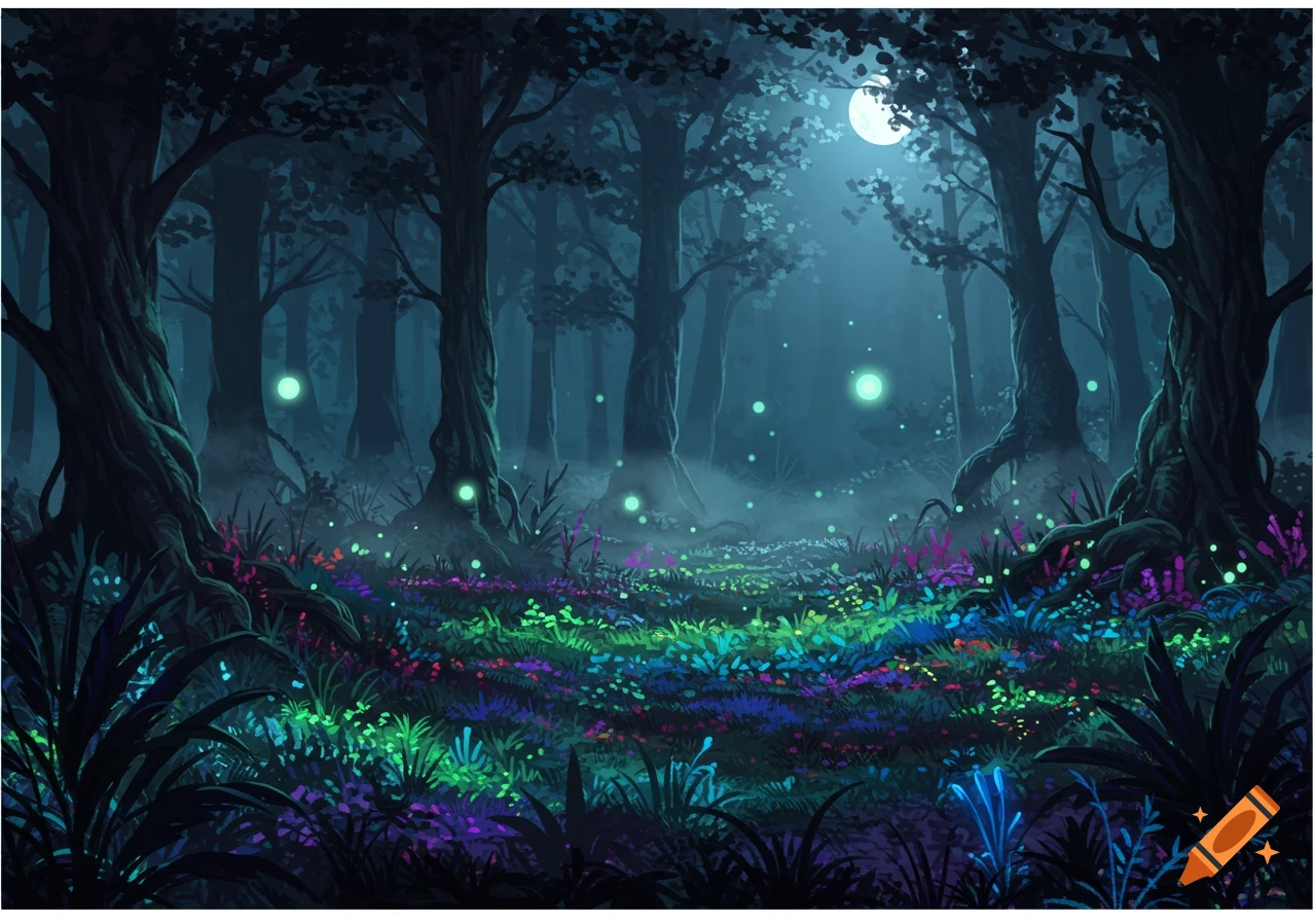 A magical fantasy forest at night, illuminated by a full moon and glowing neon-colored plants and fireflies. Tall, dark trees surround a path of vibrant foliage in an illustration style.