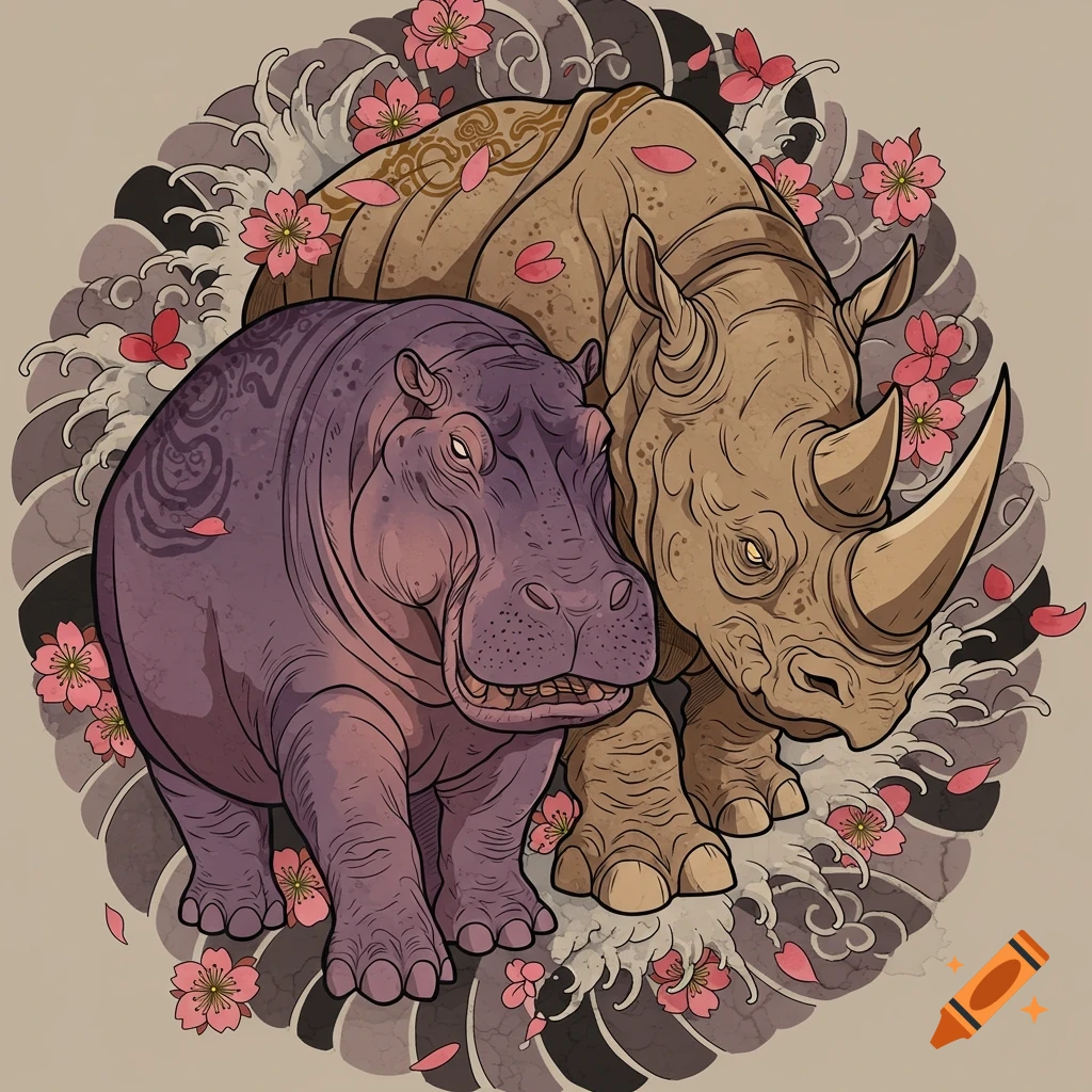 A purple hippo and a brown rhino, depicted in a Yakuza tattoo style with cherry blossoms and waves, form a circular design.