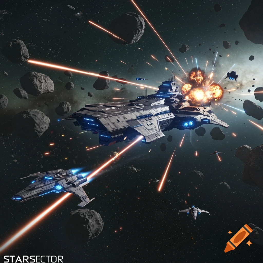 A dynamic space battle with starships firing lasers, explosions, and asteroids in deep space. Text 'STARSECTOR'.