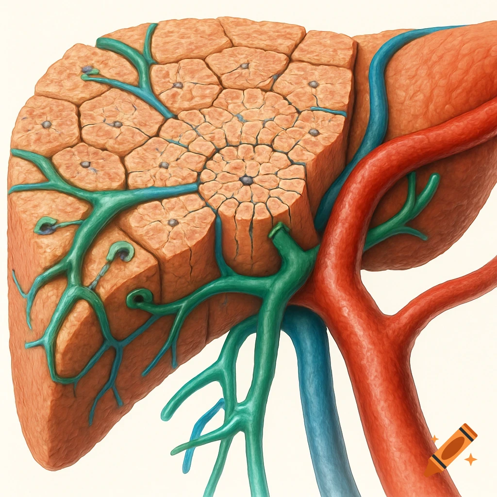 Detailed cross-section diagram of human liver tissue, showing lobules, arteries, and veins.