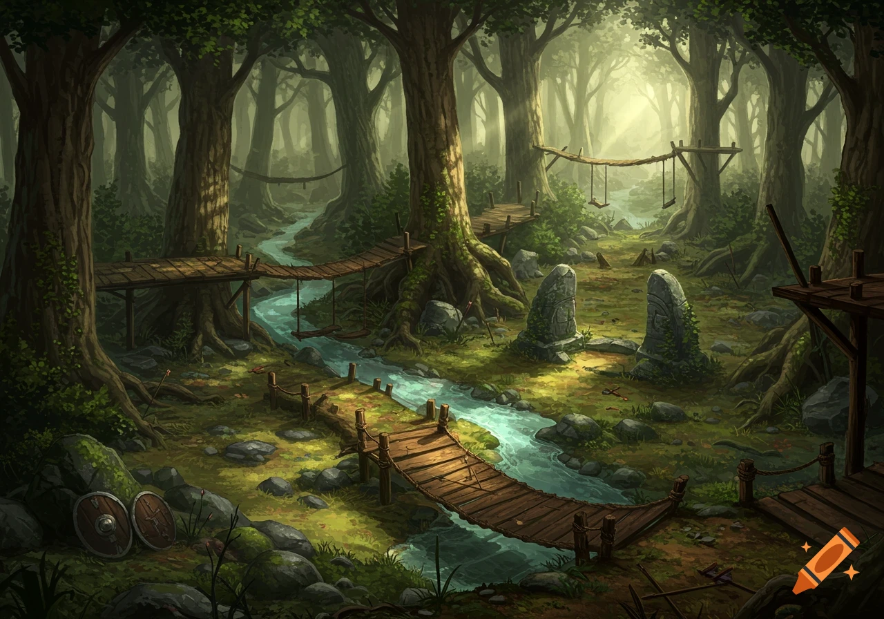 Lush fantasy forest with a winding river, wooden bridges, and ancient stone markers, bathed in dappled sunlight.