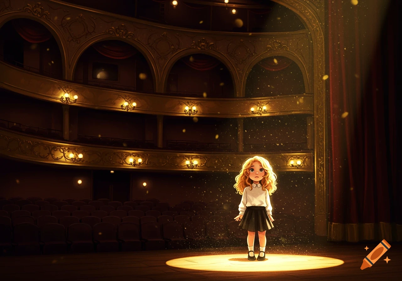 An illustrated young blonde girl stands alone in a bright spotlight on an empty grand theater stage with dark red curtains.