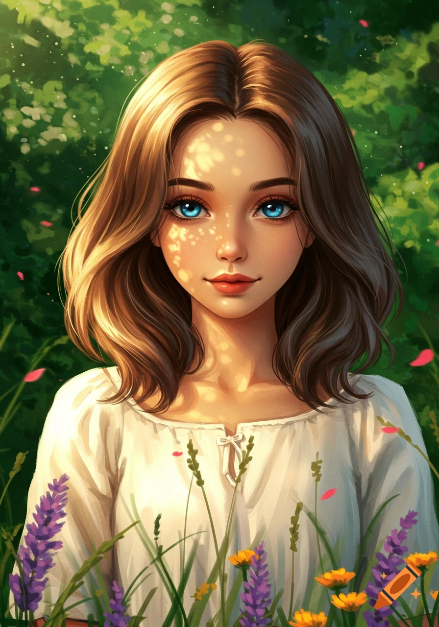Illustrative portrait of a young woman with brown hair and blue eyes, sun dappled, surrounded by lavender and yellow flowers.