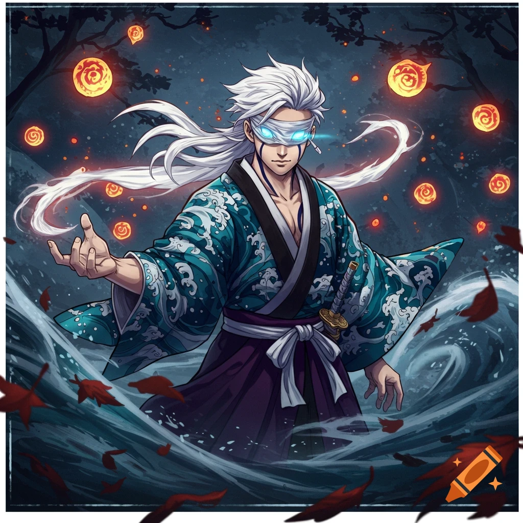 Anime man with white hair, glowing blindfold, teal kimono, and sword, surrounded by mist, red leaves, and glowing lanterns in a dark forest.