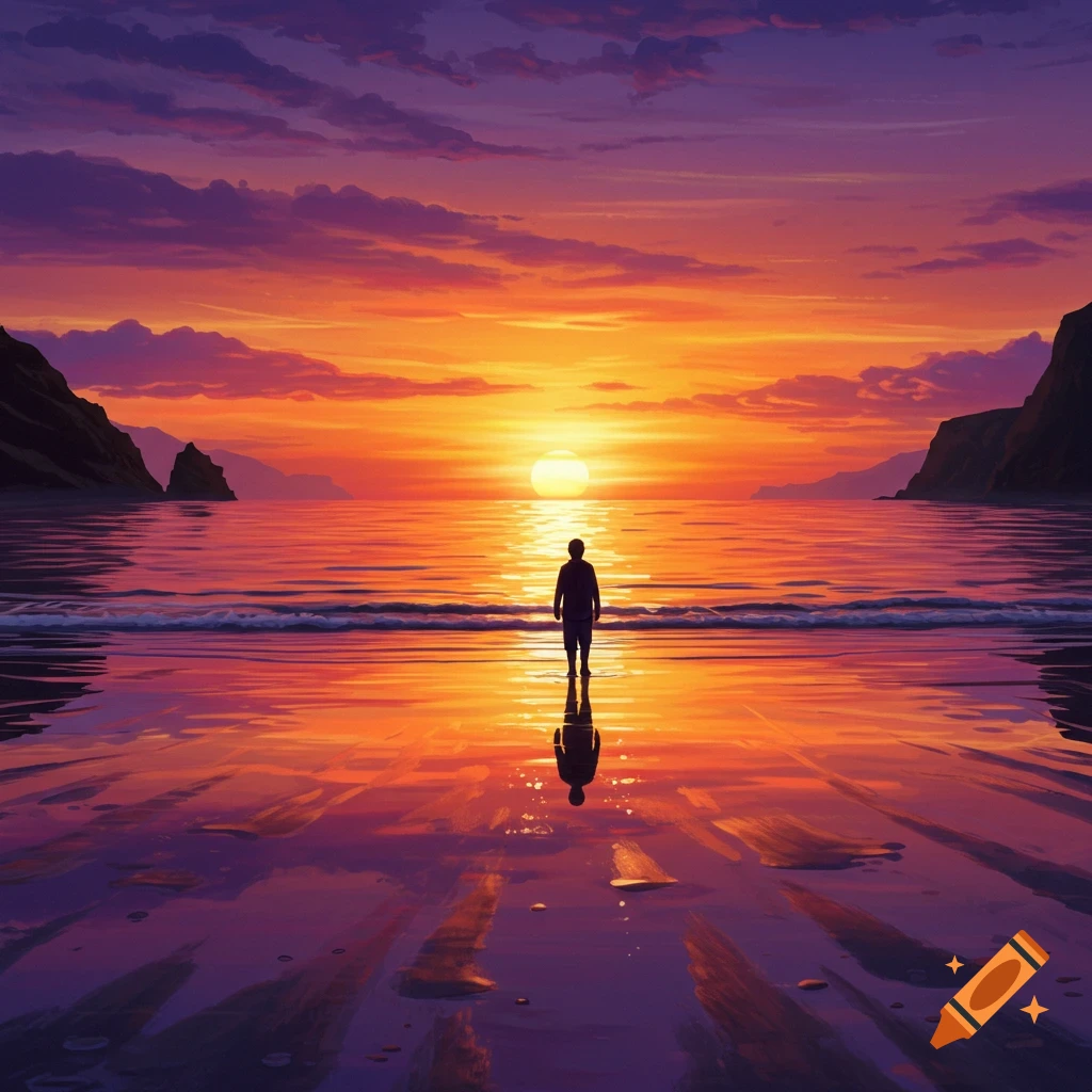 Stylized digital art of a person silhouetted against a vibrant orange and purple sunset over the ocean, with reflections on the wet beach.