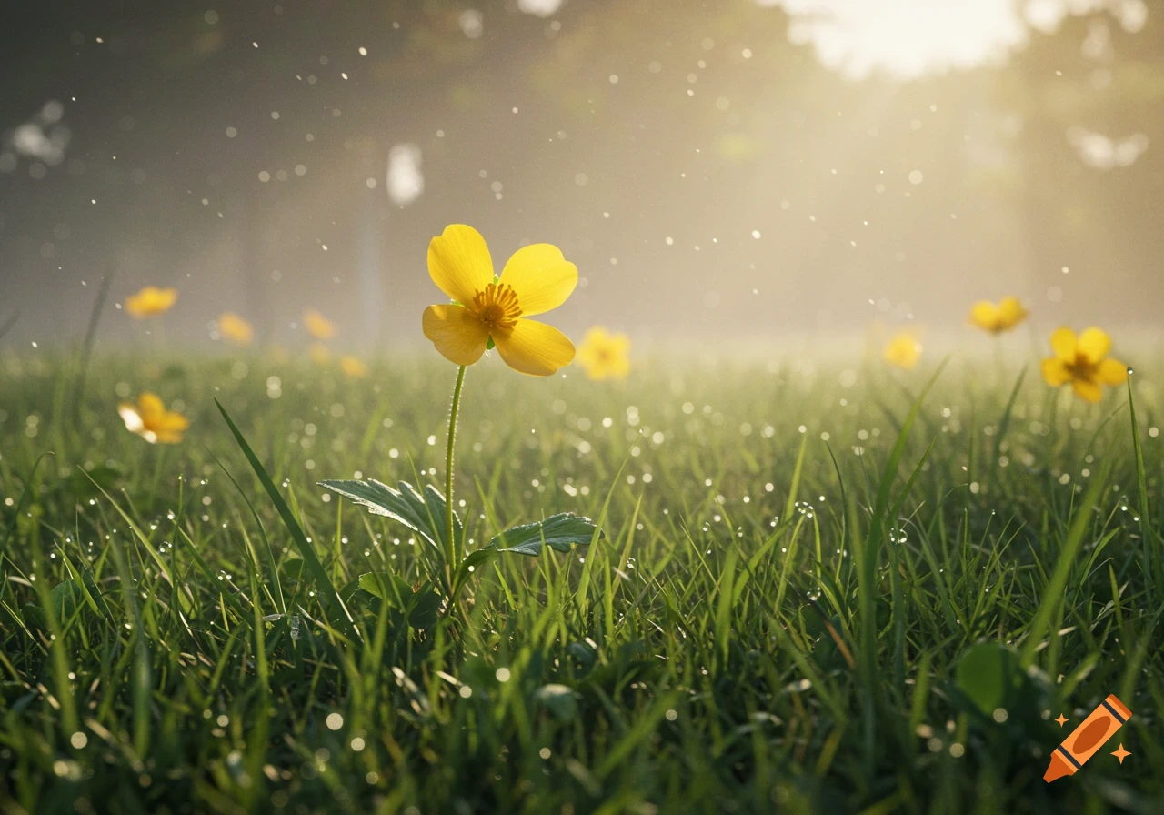 Close-up of a vibrant yellow buttercup in a dew-covered green meadow, with other flowers and soft morning light.