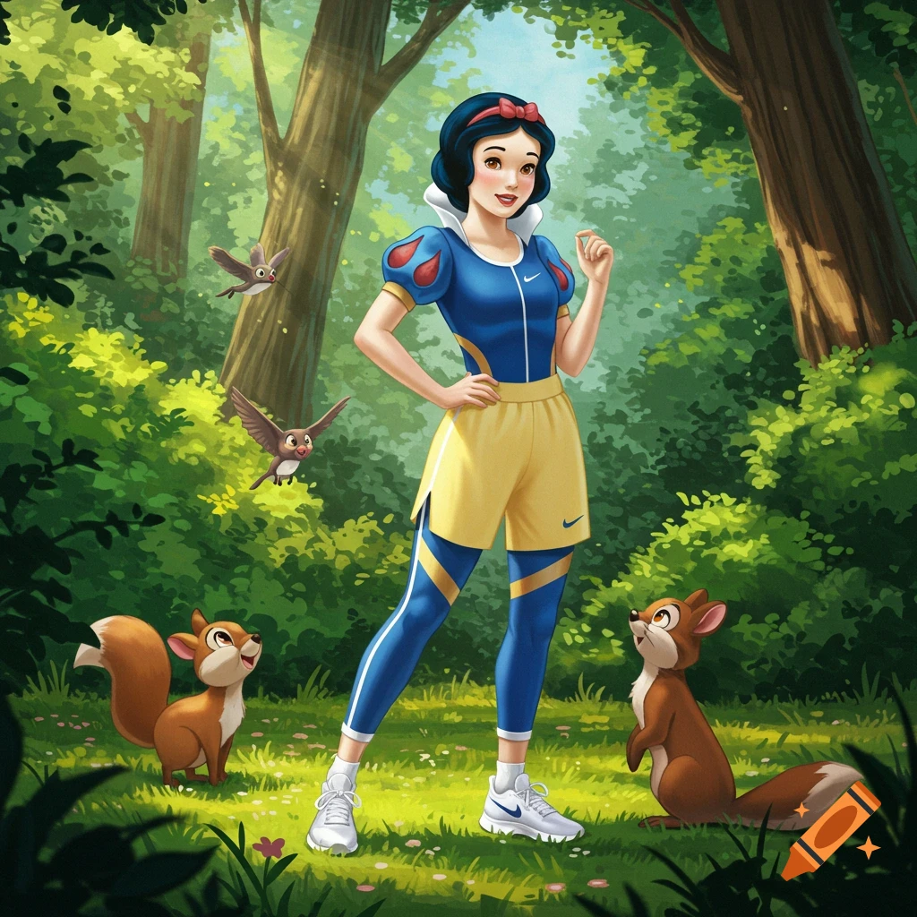 Animated Snow White in blue and yellow Nike sportswear, standing in a lush forest with two squirrels and two birds.