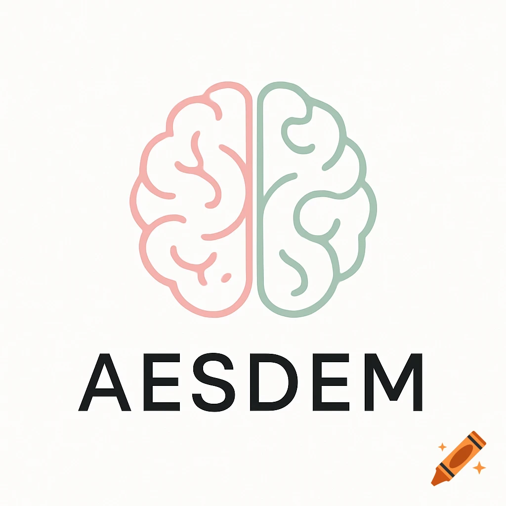 A minimalist logo with a pink and green line art brain illustration above the black text 'AESDEM' on a white background.