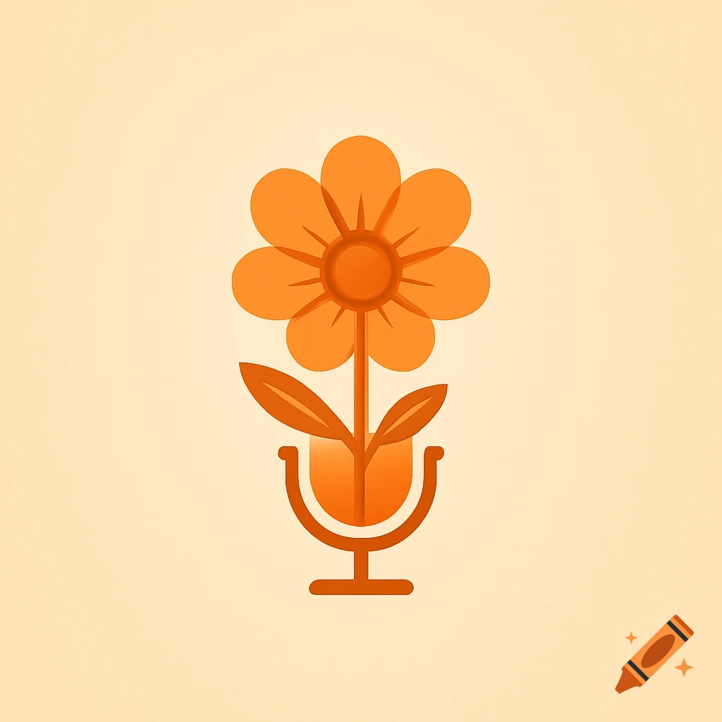 A minimalist flat design logo of a warm orange flower with a microphone stand as its base.