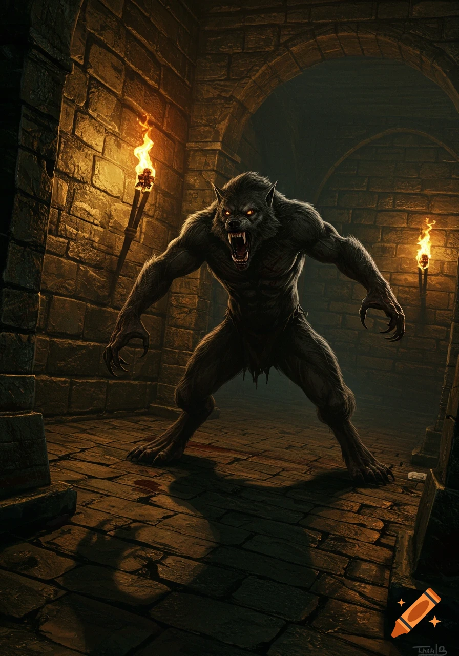 A roaring werewolf stands aggressively in a dark, torch-lit stone dungeon.