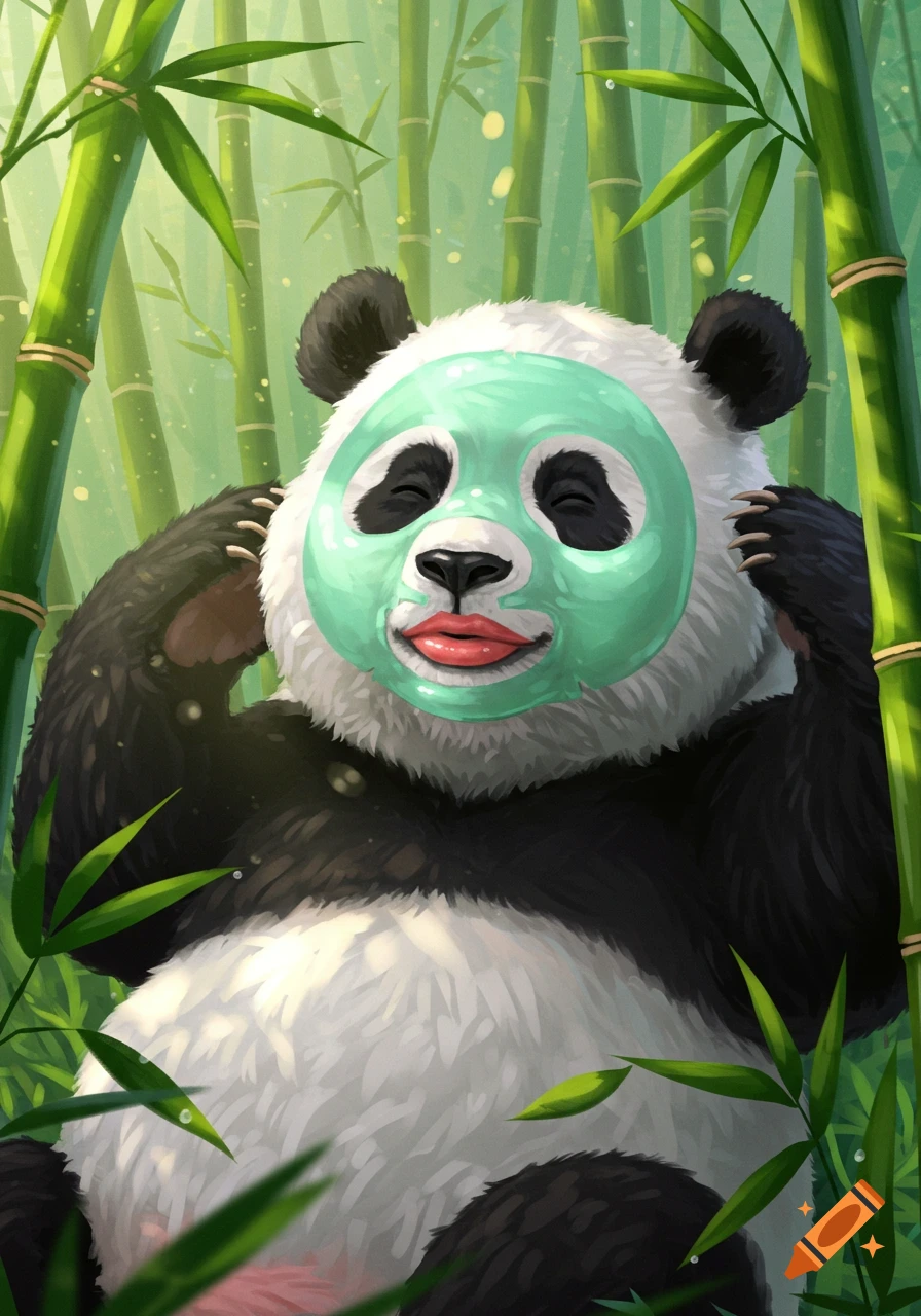 An illustration of a panda wearing a green face mask and pink lip mask, happily posing amidst bright green bamboo stalks.