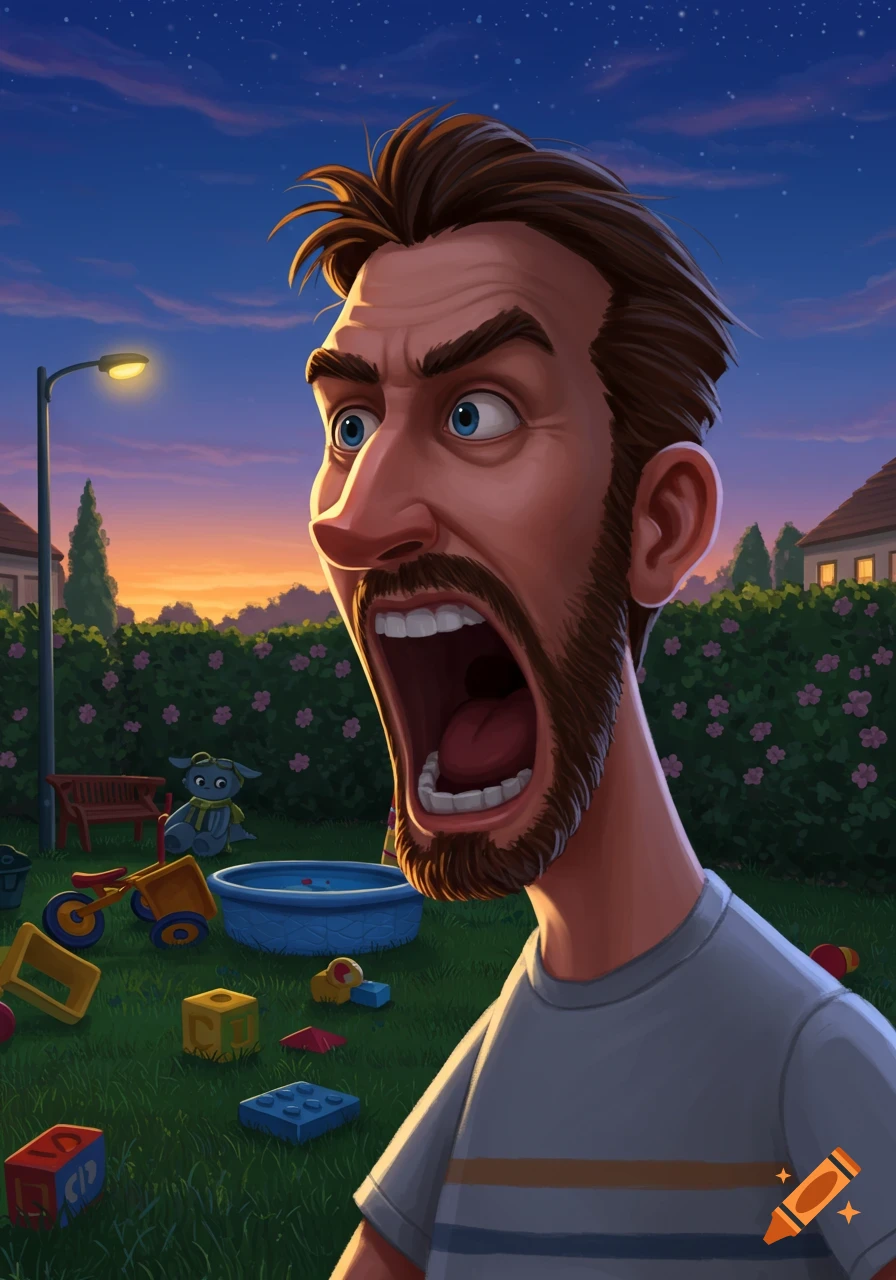 A cartoon man with a beard screams with his mouth wide open in a messy backyard filled with children's toys at dusk.