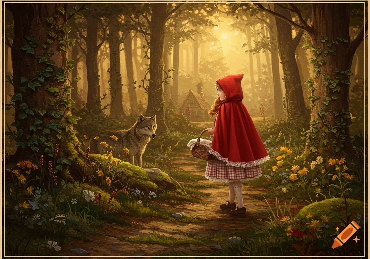 Little Red Riding Hood with a basket encounters a wolf on a path in a sunlit, enchanted forest with a distant cottage. Illustration.