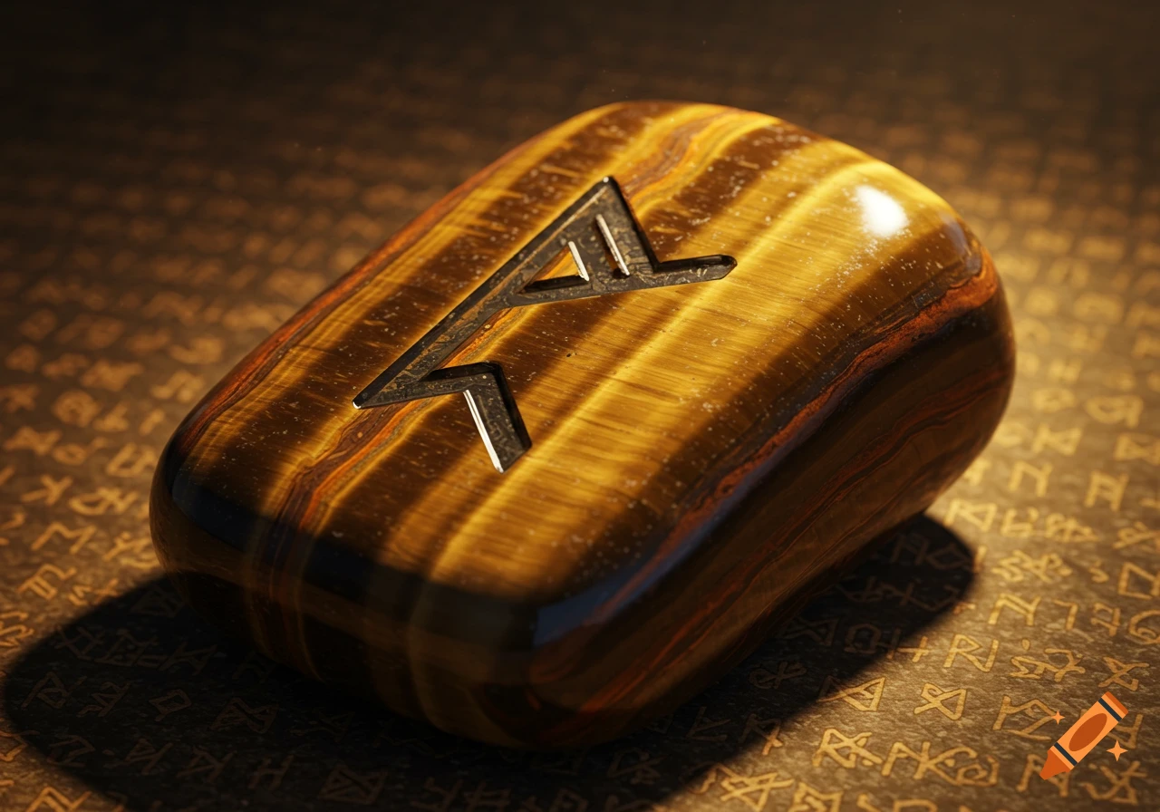 A close-up of a smooth, polished tiger eye gemstone with the Algiz Norse protection rune carved into its surface, resting on a textured background with faint, indistinct symbols.