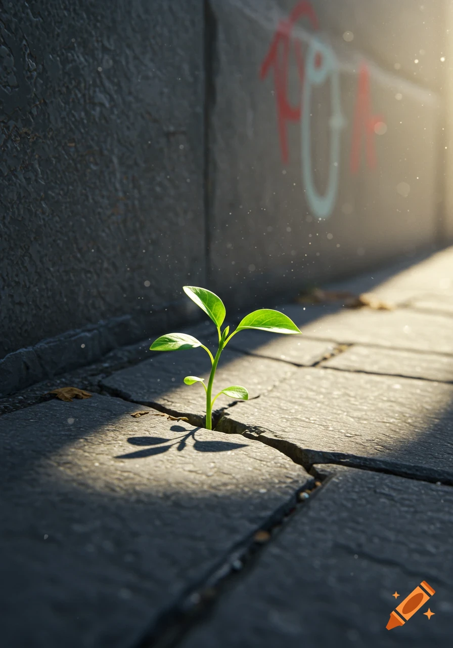 A vibrant green plant with several leaves sprouts from a crack in a concrete sidewalk, bathed in sunlight. Blurred graffiti is on a background wall.