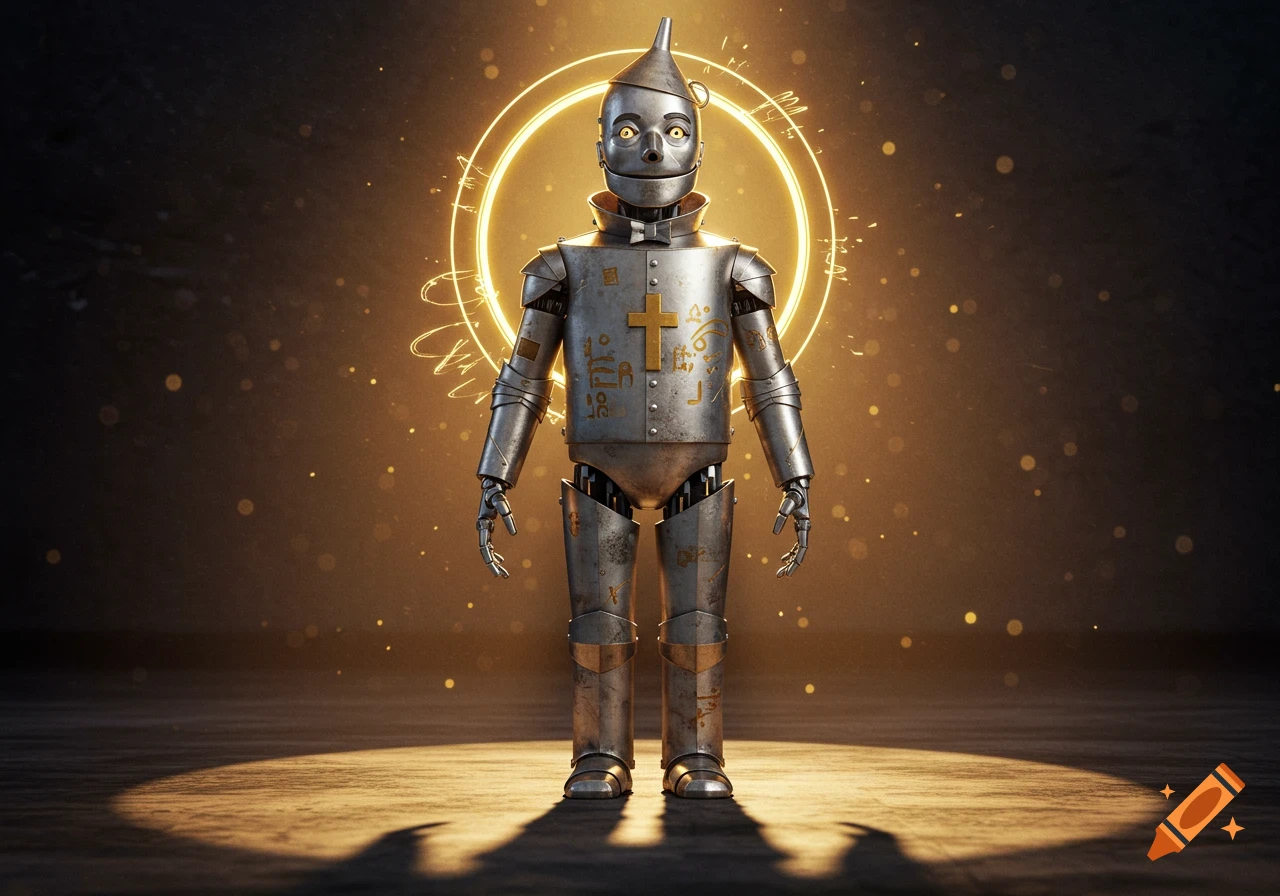 A metallic Tin Man-like robot stands under a spotlight, an ethereal golden ring glowing behind its head, surrounded by sparkling particles. It has a golden cross on its chest and decorative symbols etched into its armor.
