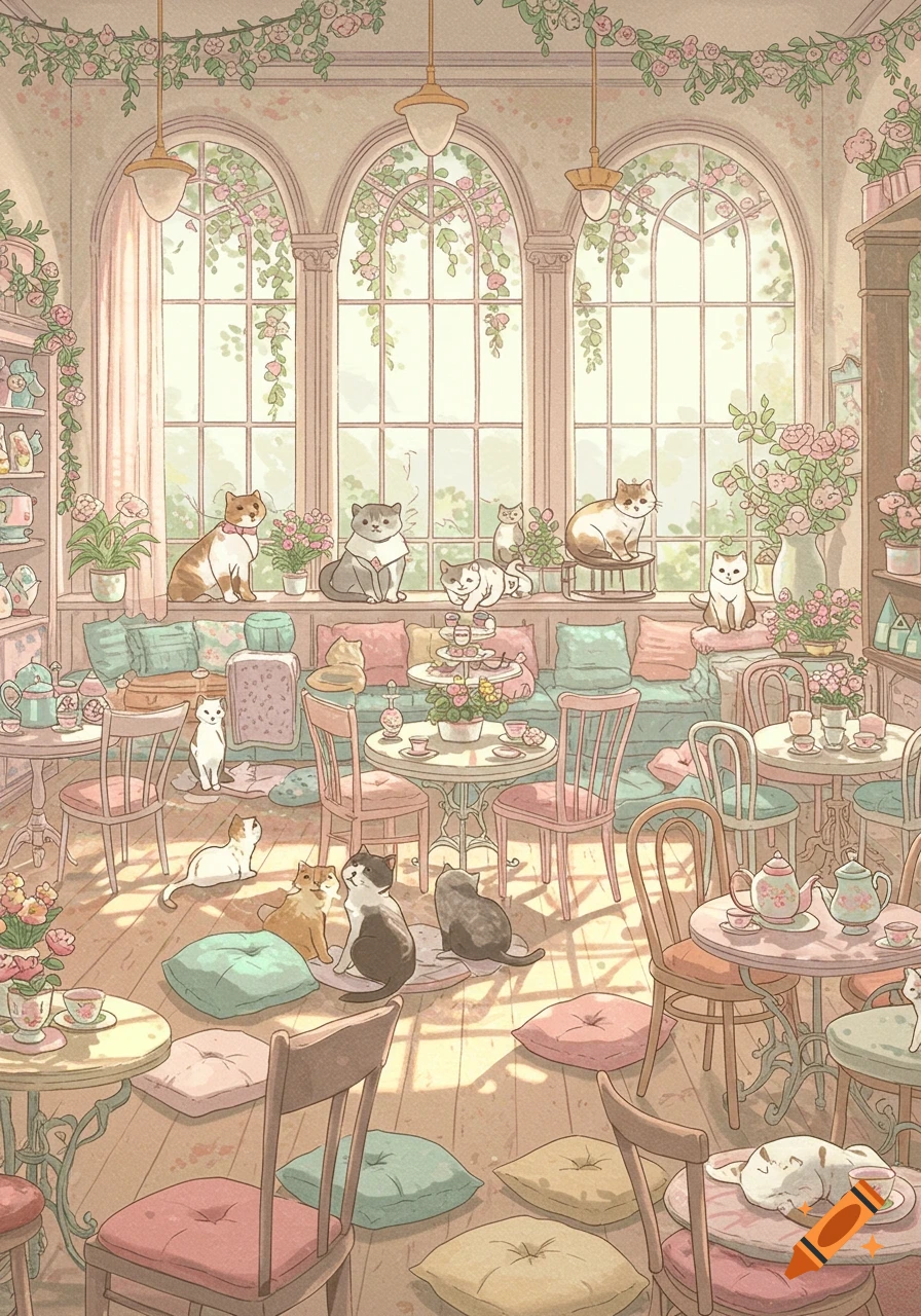 An adorable, pastel illustration of a cozy cat cafe, with numerous cats lounging among tea sets, tables, and flower-adorned windows.