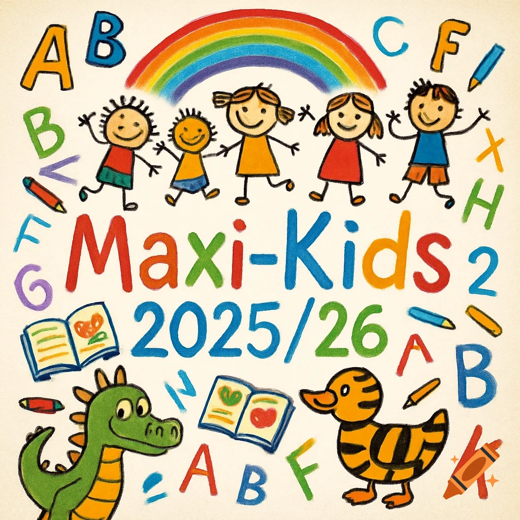 Vibrant crayon-drawn illustration for "Maxi-Kids 2025/26" with stick figures, rainbow, alphabet, dragon, and duck.