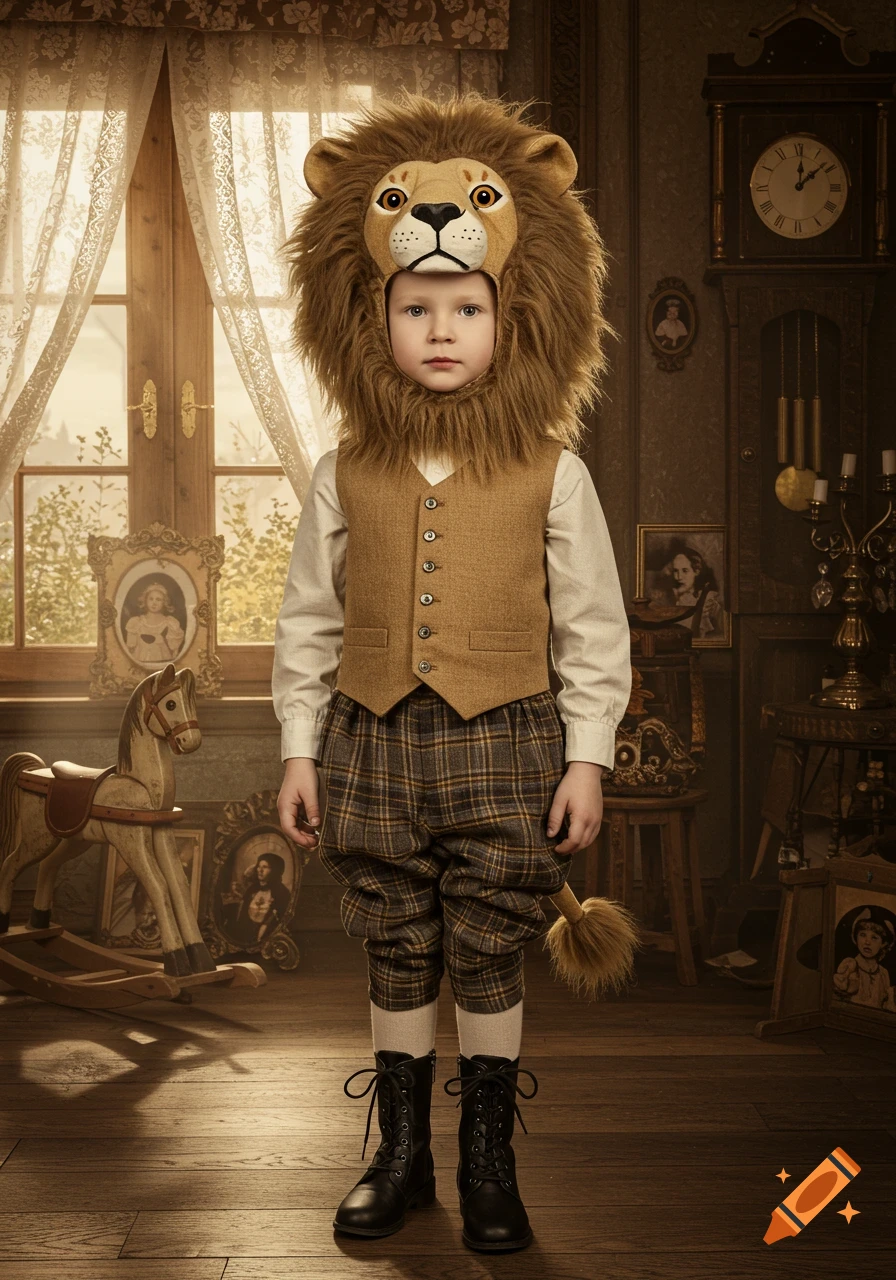 A young child in a fluffy lion costume, wearing a vest, plaid knickers, and boots, stands in a vintage-style room.