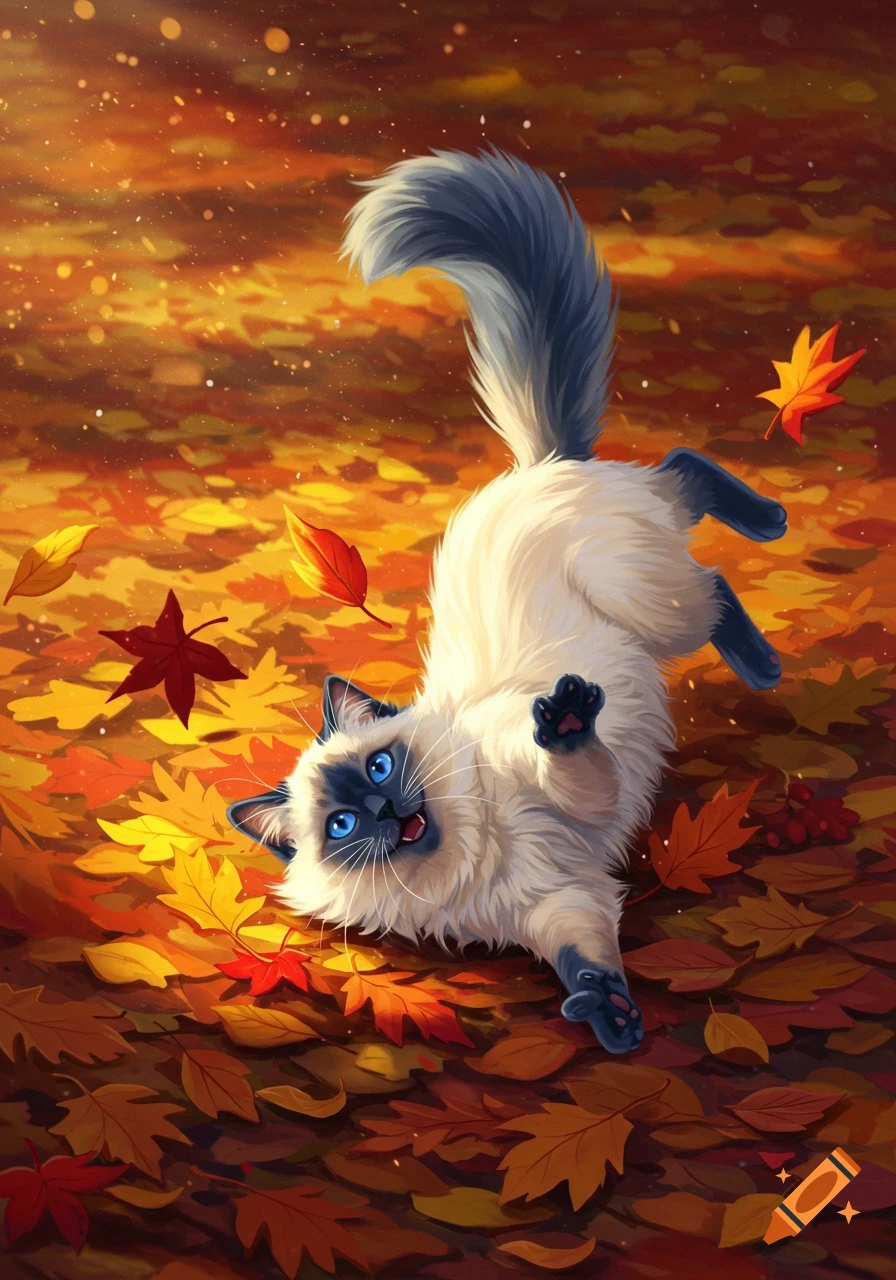 A fluffy ragdoll cat with blue eyes happily rolls on its back amidst a pile of colorful autumn leaves, in an illustrative style.