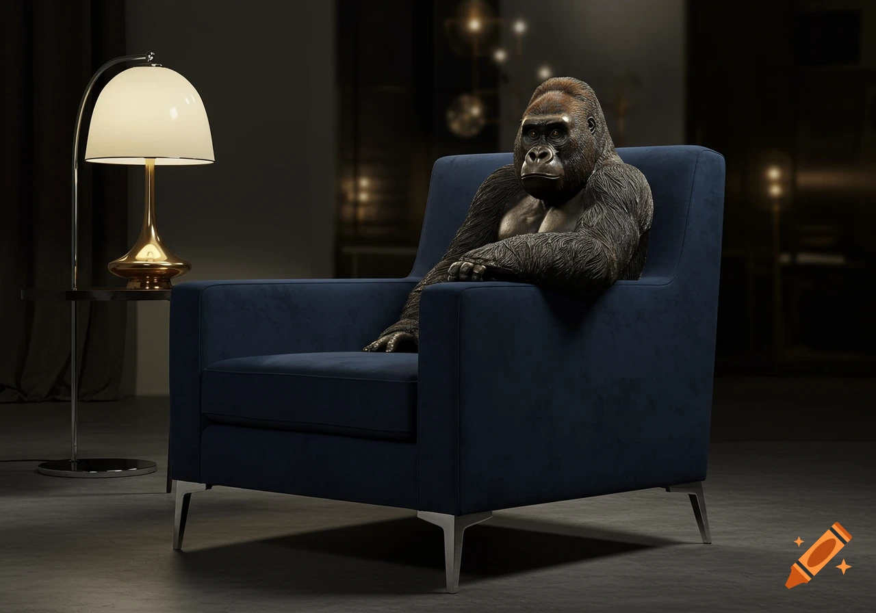 A photorealistic gorilla sits in a modern blue armchair in a dimly lit, sophisticated room with a stylish lamp.