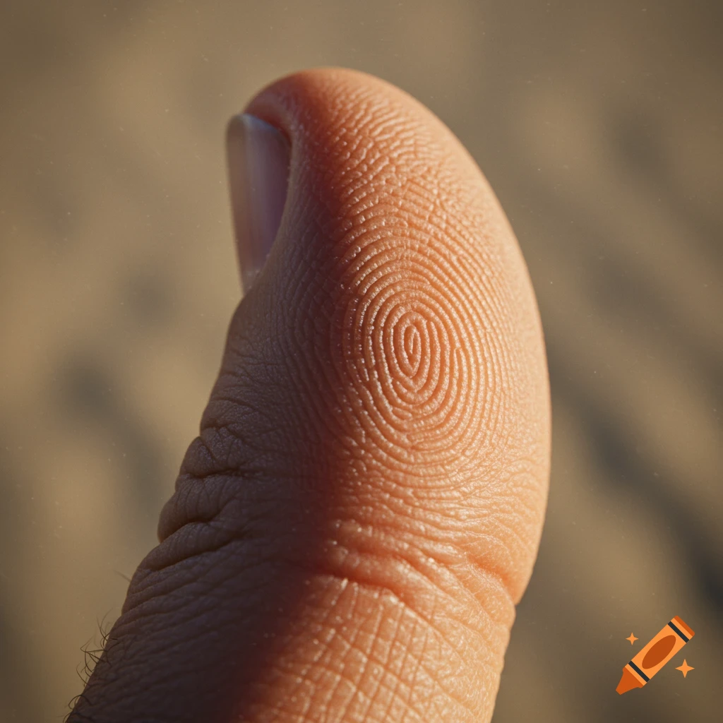 A close-up, high-detail shot of a human thumb, showing the intricate pattern of a fingerprint on the pad.
