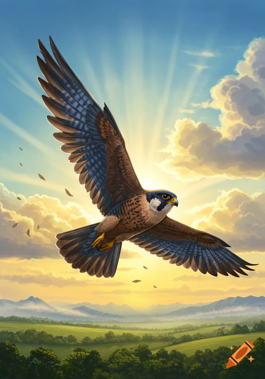 A falcon with brown and blue feathers flies against a radiant, sunlit sky with clouds over a green, mountainous landscape.