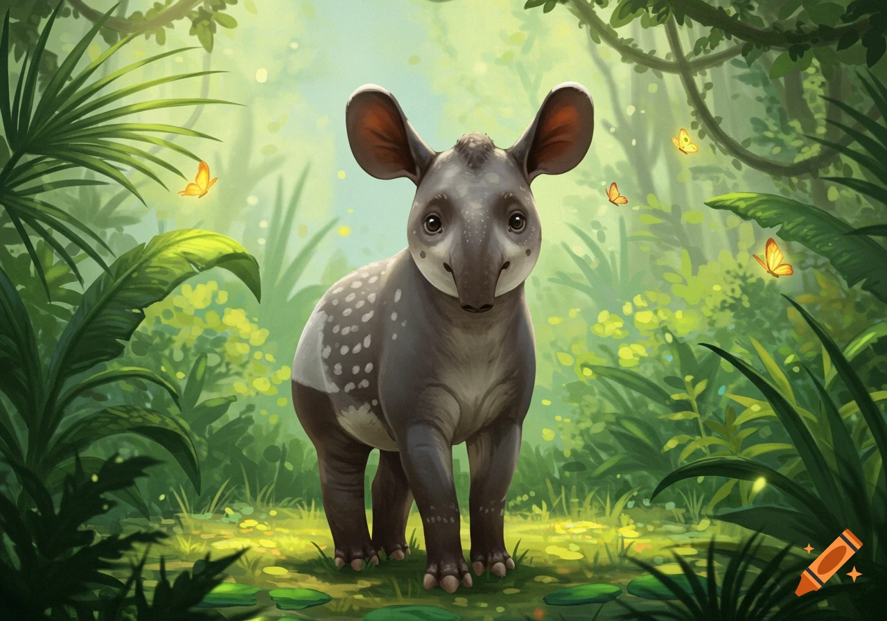 A cute, spotted baby tapir with large ears stands in a lush green jungle with butterflies around.