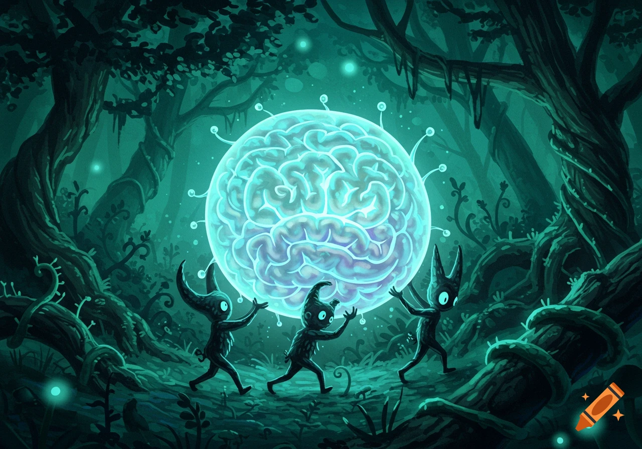 Three dark, horned imp-like creatures carry a large, glowing brain orb through a dark, teal-toned fantasy forest.