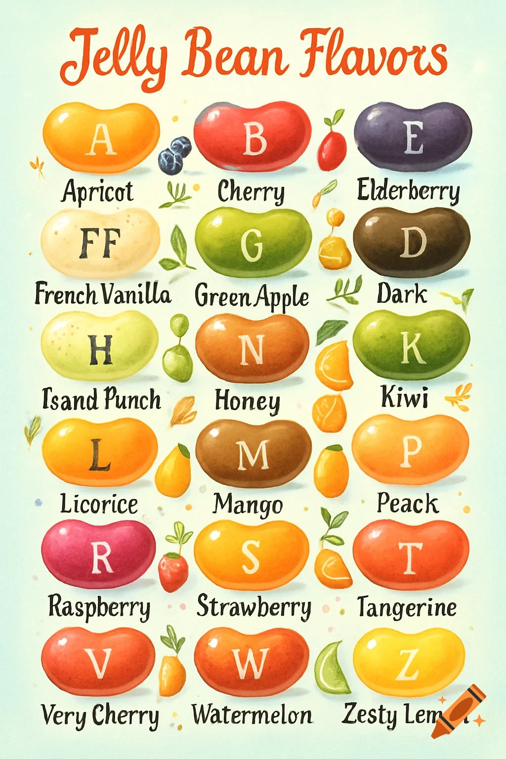 A colorful illustrated chart displaying various jelly bean flavors, each with a letter and name like Apricot, Cherry, Watermelon, and Zesty Lemon.