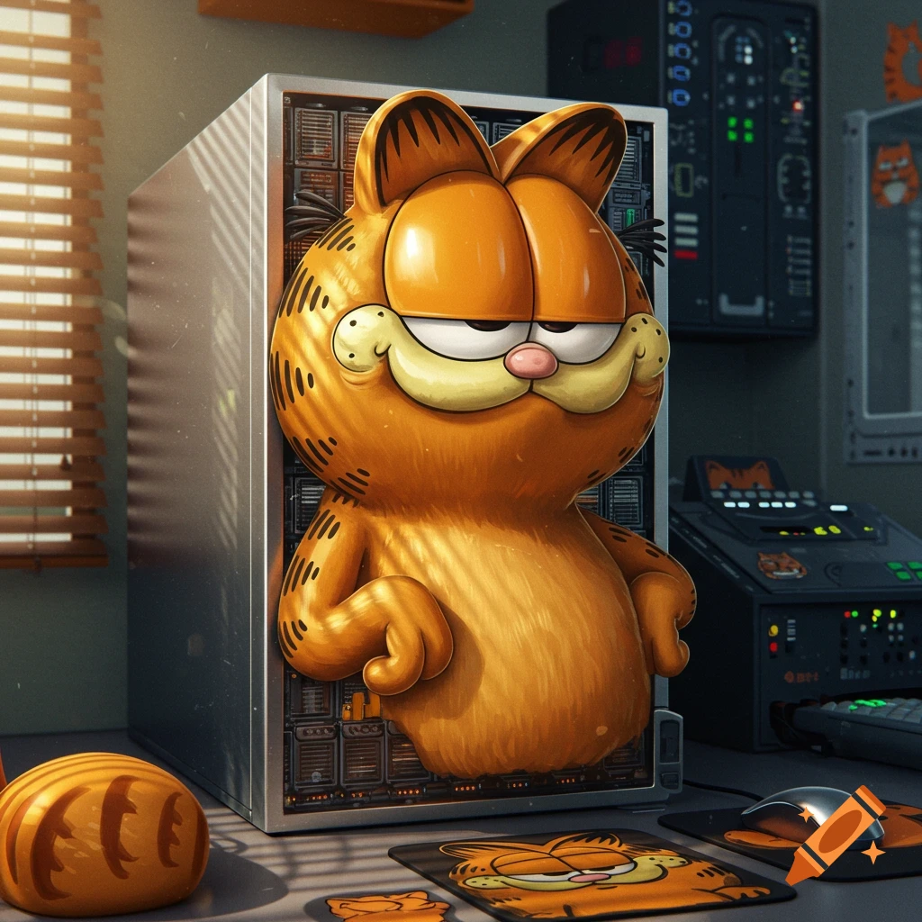 A grumpy, orange cartoon Garfield is integrated into a detailed Linux server, surrounded by computer equipment and mouse pads.