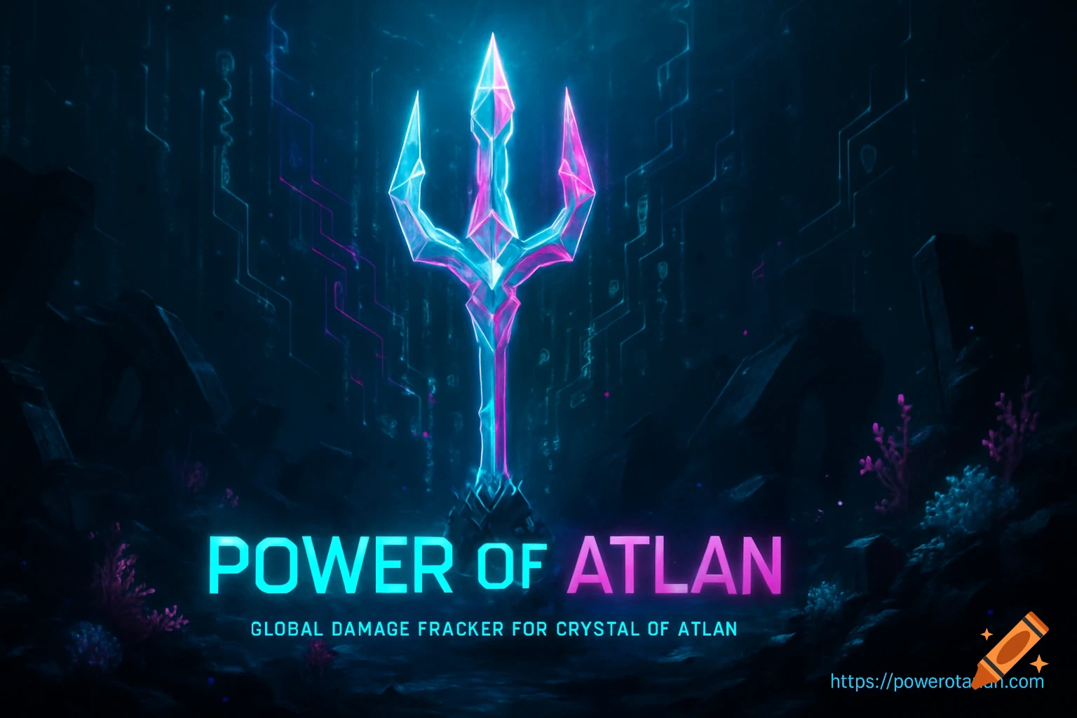 A glowing cyan and magenta crystalline trident rises from a dark, underwater cyber-fantasy scene with circuit-like lines, bioluminescent coral, and the title "Power of Atlan" in neon text.